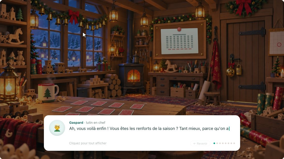 Gaspard, le lutin en chef, accueille les joueurs dans l'atelier des jouets